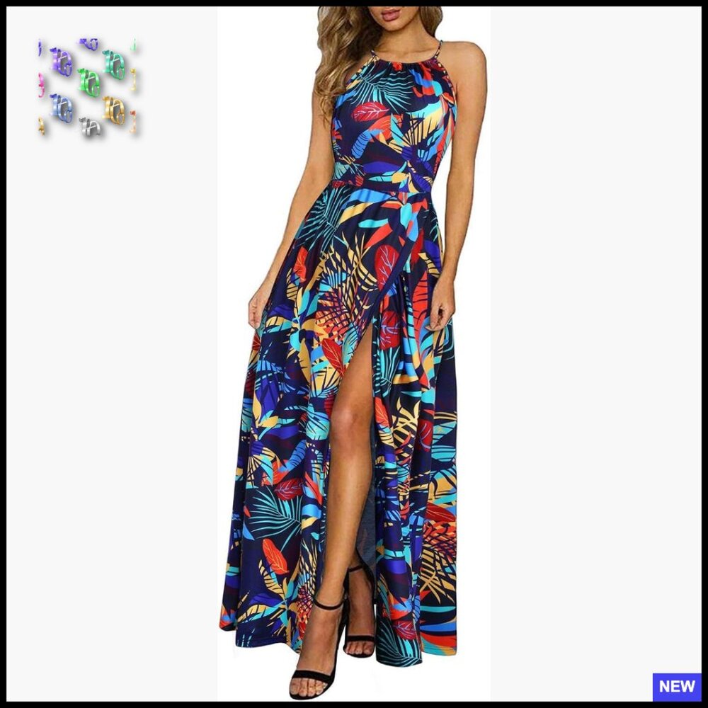 Summer Floral Maxi Dress Flowy Split Hem Halter Neck Boho Beach Vacation
